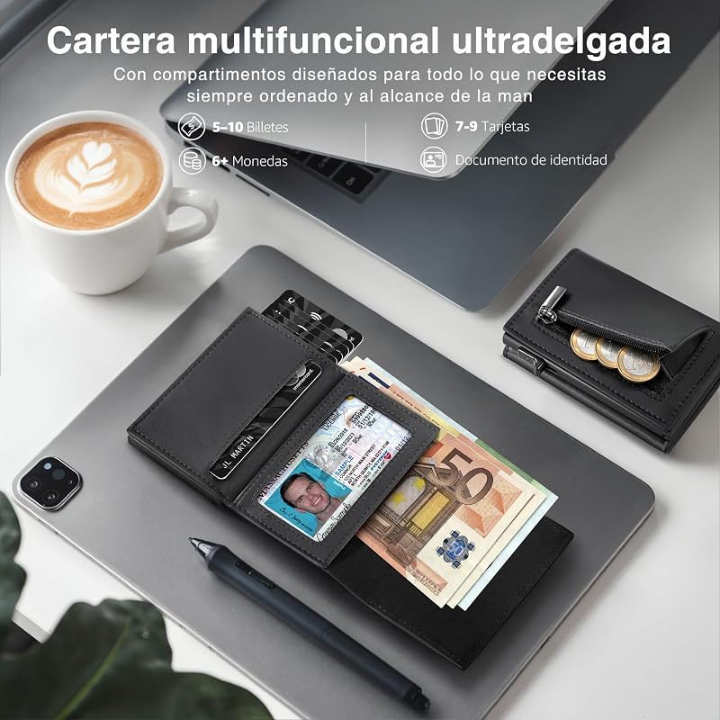 Carteras para Hombre Cartera Hombre Slim con Monedero y Protección RFID, Lujoso Tarjetero Hombre en Cuero con 8 Compartimentos para Tarjetas, Regalo para Hombre