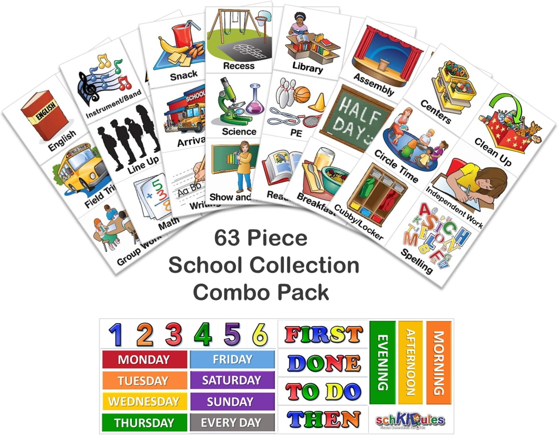 SchKIDules 63 Pc School Collection Combo Pack for Visual Schedules, Kids Calendars and Behavior Charts: 42 School Themed-Activity Magnets Plus 19 Headings Magnets (2nd Ed)