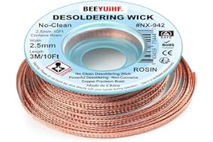 BEEYUIHF No Clean Desoldering wick Braid, No residue Solder wick Braid with Flux, Solder Remover wire Kit, Cable Remover Tool Solder Sucker,w 0.10'' L 9.8' (Pack of 1Pcs) #NX942