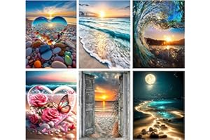 KINPLUB 6 Pack Diamond Painting Kits for Adults, 5D Beach Diamond Art Kits for Beginners, DIY Full Drill Paint with Diamond Gem Art, Home Wall Decor 12 x 16 Inch