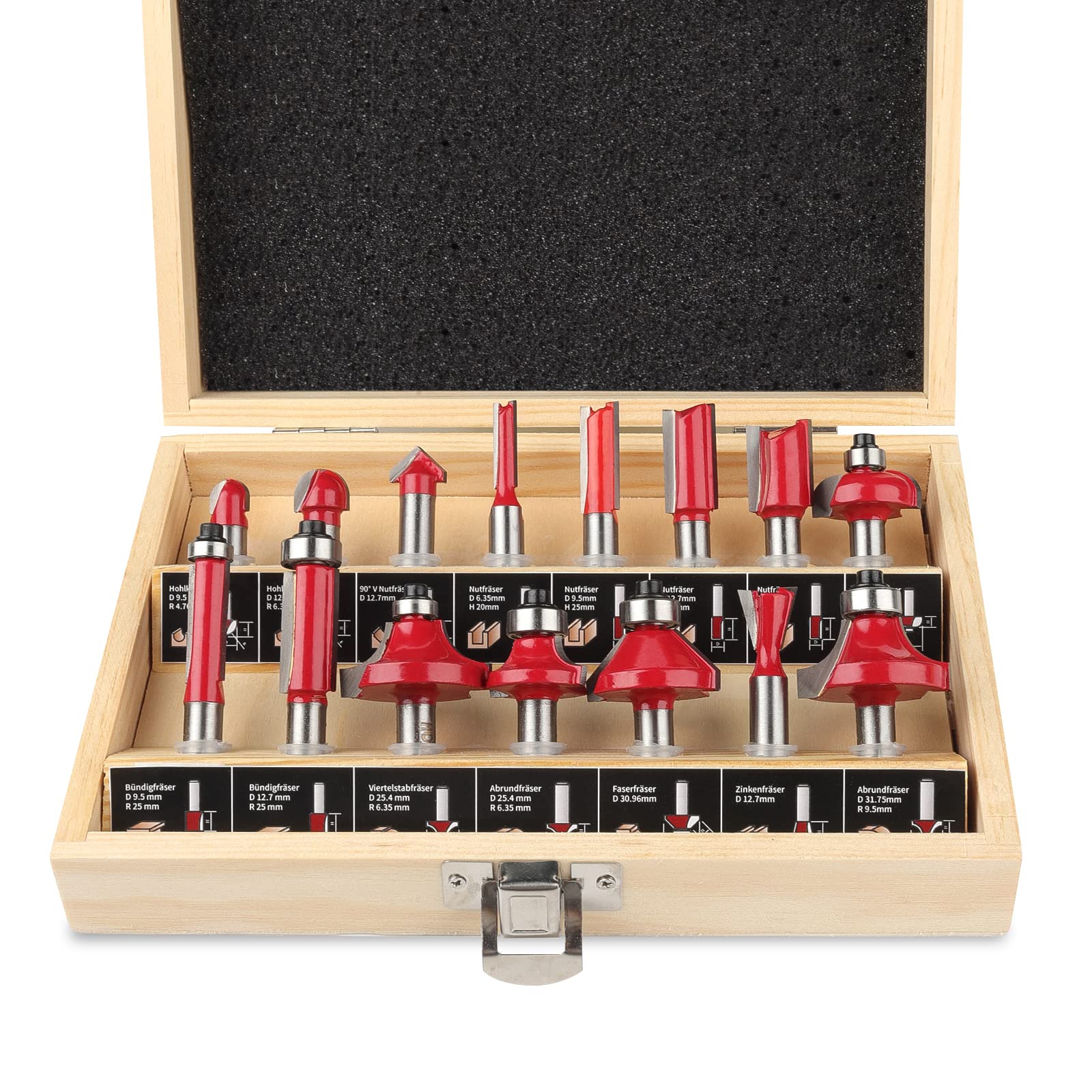KOWOOD, 15 Pieces 1/4-inch Shank Router Cutter Set, Alloy Steel, Industrial Quality for Hard and Soft Wood, Woodworking Tools for Beginners, Includes Wooden Case