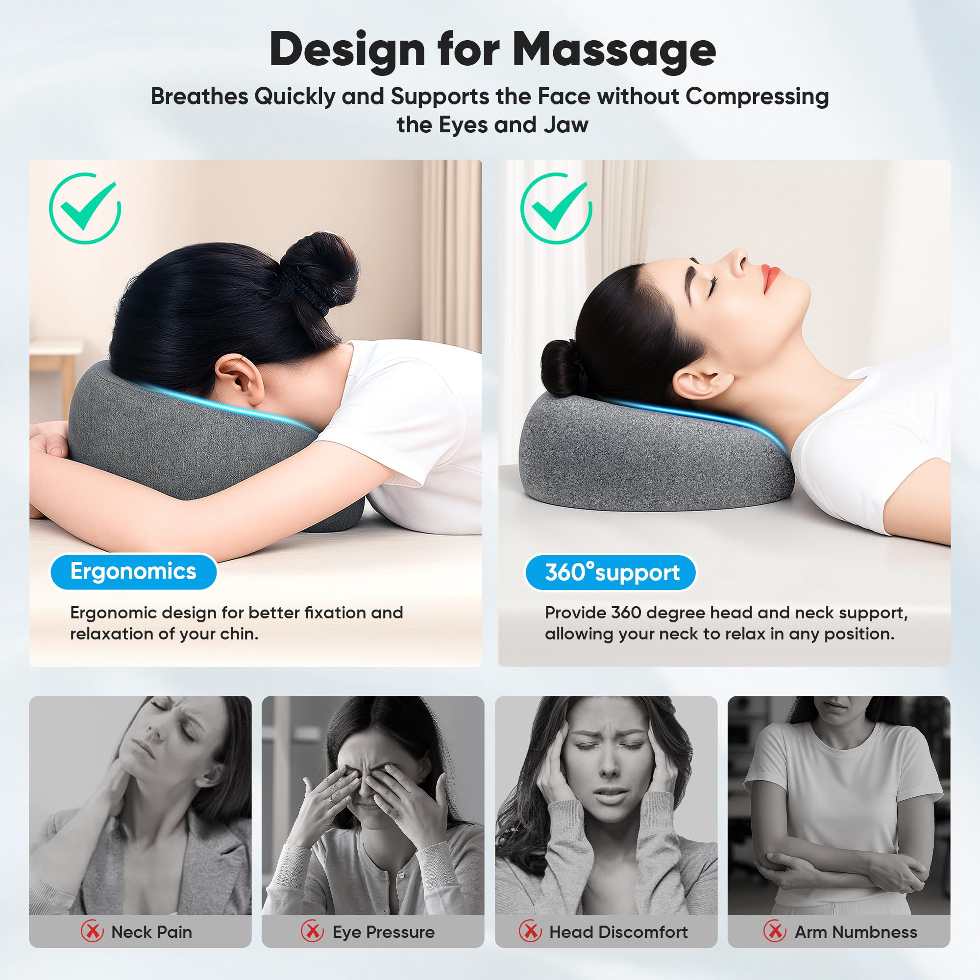 Massage Headrest for Bed, Ergonomic Memory Foam Massage Pillow, Face Down Pillow for Massage & Sleep, Breathable Face Pillow for Spa, Napping & Skincare, Relieves Neck Pain & Wrinkles, Grey