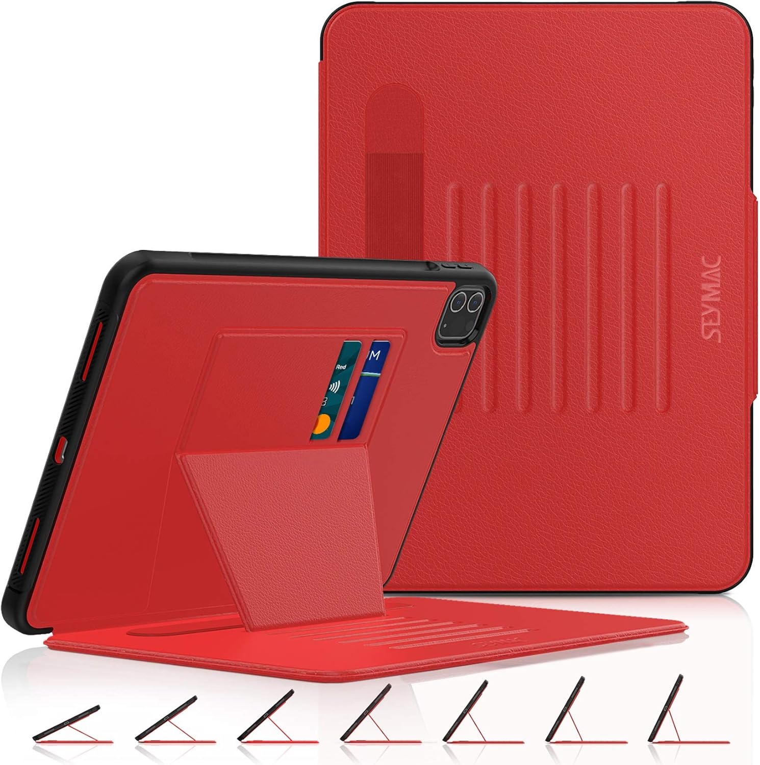 SEYMAC stock Case for iPad Pro 11 2020, Shock-Proof [Smart Cover] Auto Sleep [Absorbing Stand] Feature Case with Adjustable Stand [Pencil Holder]&Card Slot for iPad Pro 11 inch 2020 & 2018 (Black/Red)