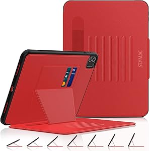 SEYMAC stock Case for iPad Pro 11 2020, Shock-Proof [Smart Cover] Auto Sleep [Absorbing Stand] Feature Case with Adjustable Stand [Pencil Holder]&Card Slot for iPad Pro 11 inch 2020 & 2018 (Black/Red)