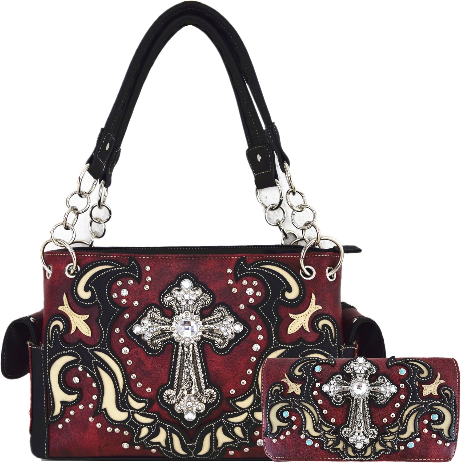 Western Style Rhinestone Cross Stud Concealed Carry Purse Laser Cut Handbag Women Shoulder Bag Wallet Set