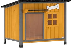 PawHut Dog House Anti-Chewing Steel Frame, Wooden Dog Kennel House with Openable Roof, Removable Floor, Door Curtain, Weather
