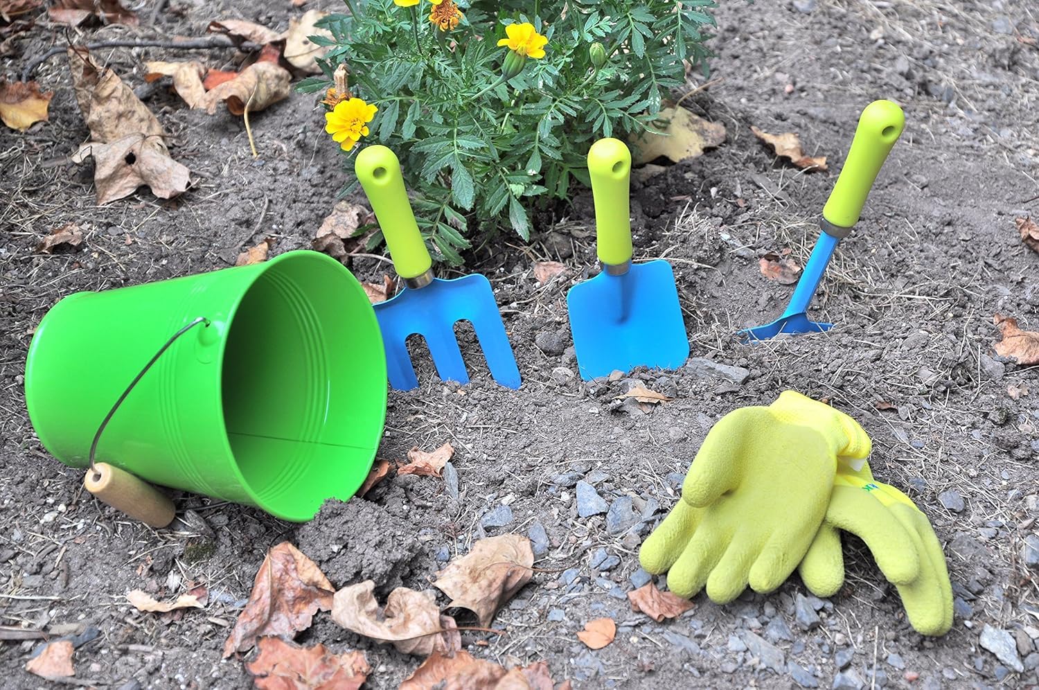 G & F Products JustForKids Garden Tool Set - Green Metal Pail with Real Mini Shovel, Rake & Cultivator, Wooden Handles, Perfect for Outdoor Play, Gardening Fun, and Educational Activities for Kids
