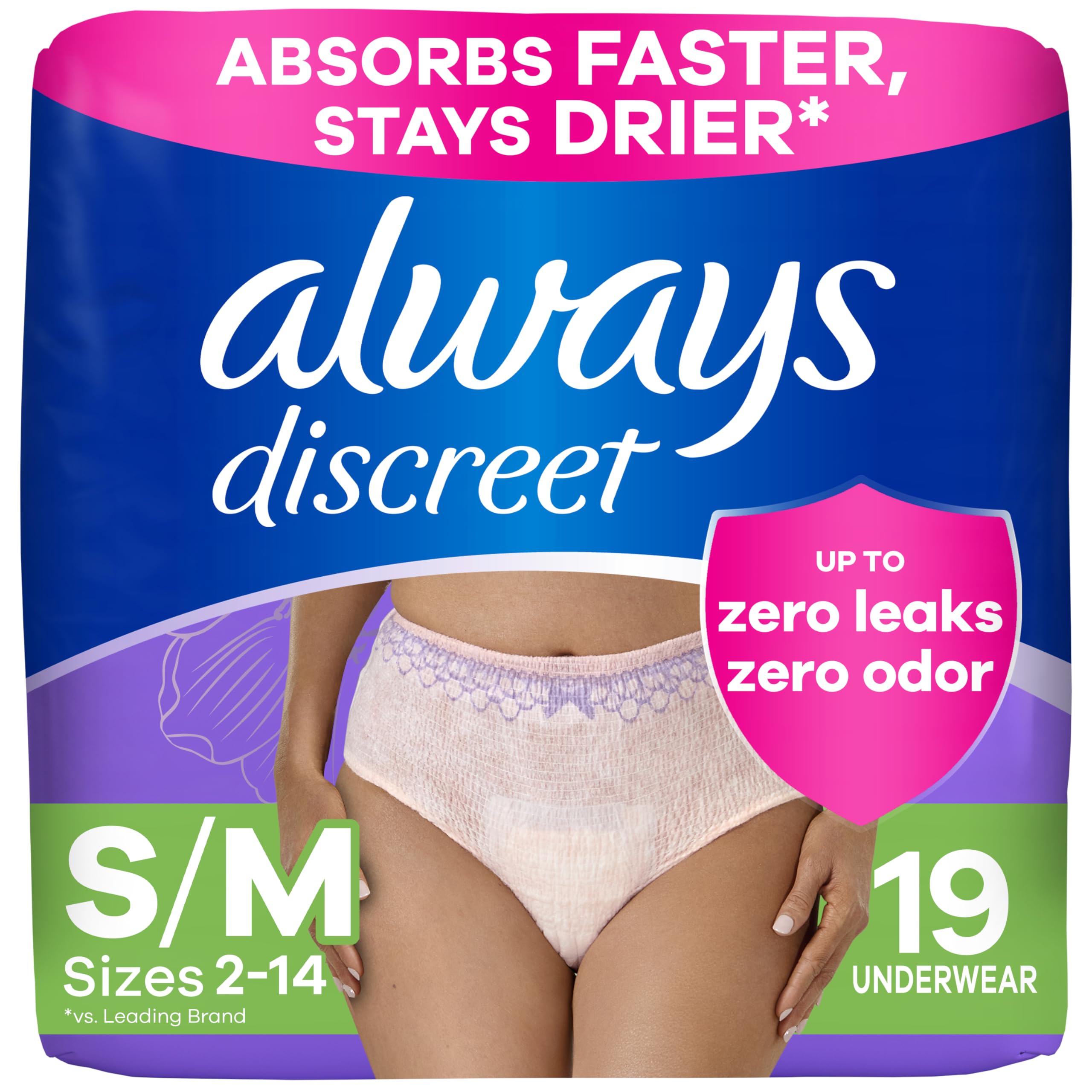 Photo 1 of Always Discreet Adult Incontinence Underwear for Women and Postpartum Underwear, Small/Medium, Up to 100% Bladder Leak Protection, 19 Count
