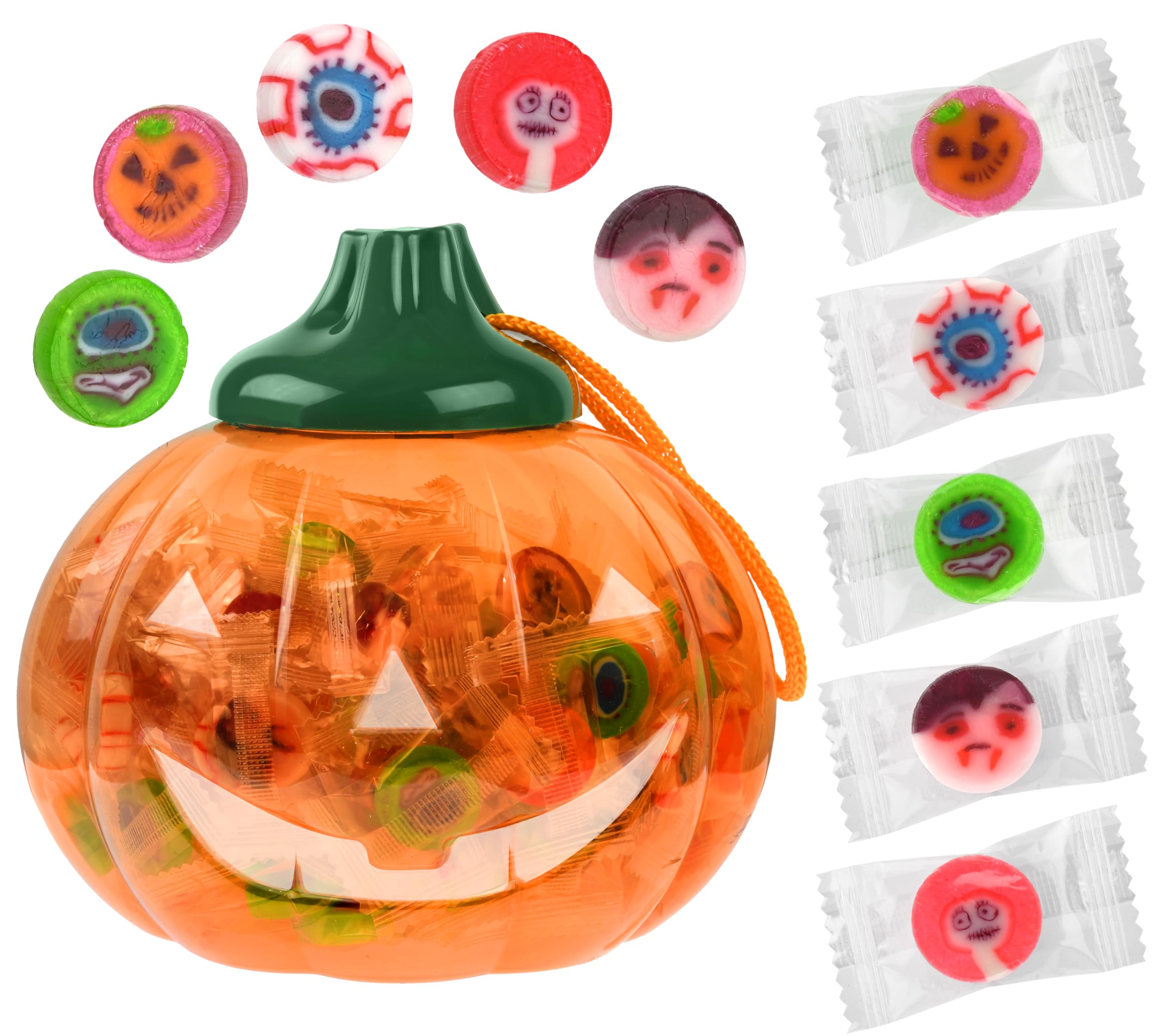 Photo 1 of 120 PCS Halloween Small Hard Candy – Packed in A Pumpkin Jar – Individually Wrapped Themed Colors & Designs – Trick Or Treat Candies - Bulk Candy’s Great Use, For Kids, Trick or Treat, Party Favor, Classrooms, Goodie Bags (Halloween)