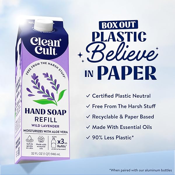 CLEANCULT LIQUID HAND SOAP REFILL – WILD LAVENDER – MOISTURIZES DRY & SENSITIVE SKIN – MADE WITH ALOE VERA & LAVENDER ESSENTIAL OILS – ECO FRIENDLY – PAPER-BASED PACKAGING – 32 OZ/1 PACK