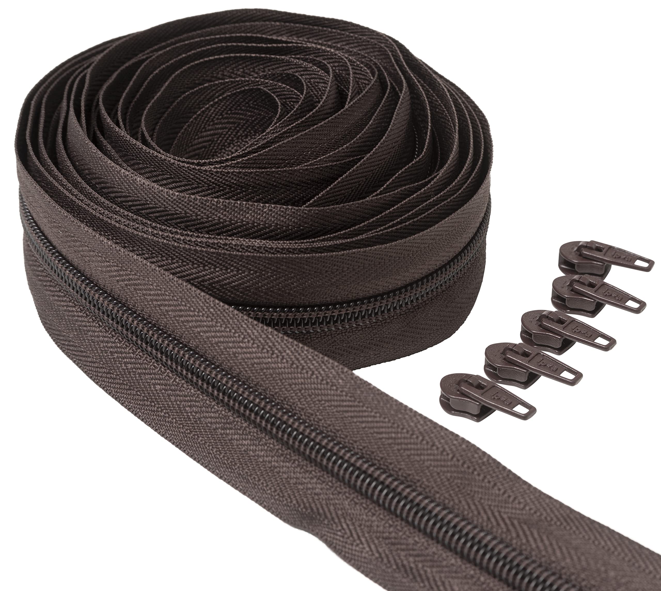 IPEA Zip Brown Continuous Chain 5 Metres Long + 15 Metal Sliders, Chain Size #5, Made in Italy, Nylon Zippers, Cuttable for Sewing by the Metre, Width 30 mm, Brown