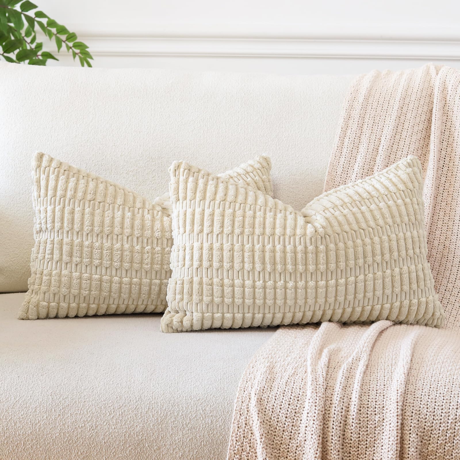 JOTOM Corduroy Soft Striped Throw Pillow Case 40x60 cm Boho Decorative Throw Pillow Covers Lumbar Cushion Case Couch Home Decor Cushion Covers for Sofa Bedroom 16x24 Inch Set of 2 (Beige)