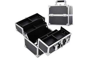 Frenessa Makeup Train Case Cosmetic Organizer Case Professional Makeup Storage Box 4 Trays with Divider Lockable Travel Case Portable Travel Makeup Box for Makeup Artist, Carfter, Cosmetics Black