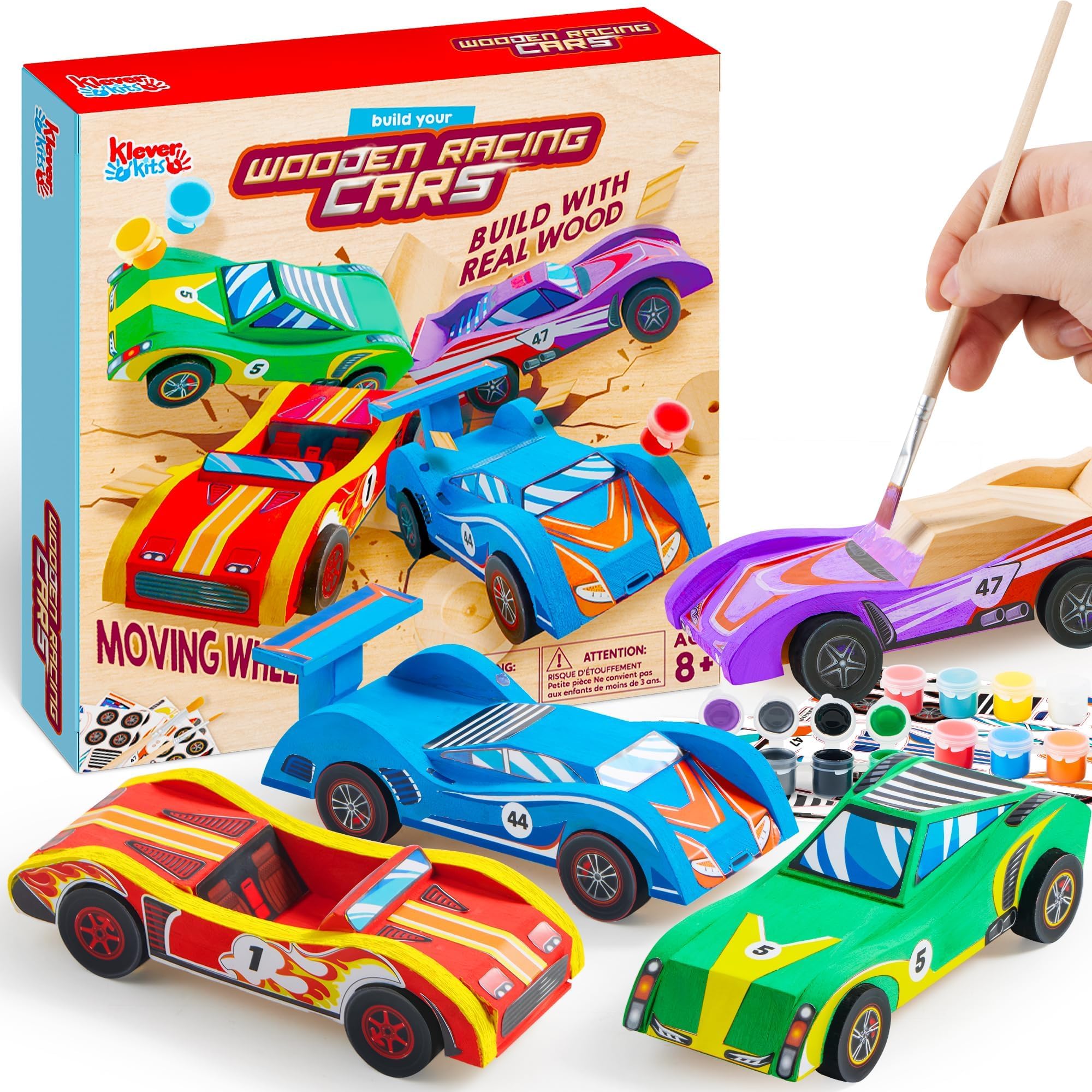 Klever Kits 4 PC Racing Cars Painting Kit, Arts and Crafts for Kids Age 6-12,Paint Your Own Wooden Cars, Car Activities for Kids,Birthday Creativity Presents for Boys Ages 6 7 8 9 10 11 12