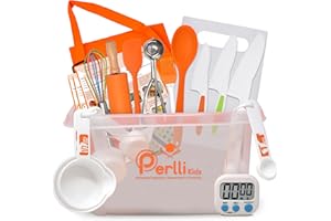 PERLLI Kids Real Cooking Set for Cooking and Baking – 31 Pc. Gift for Junior Chef with Real Utensils, Case & Safe Kids Knife Set for Boys & Girls – Fine Motor Skills & Fun for Children Ages 6+, Orange