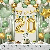 Sage Green 20th Birthday Decorations for Women, Happy 20th Birthday Decorations for Her, Green Gold Balloons, Foil Balloons, Happy Birthday Banner, Olive Neutral Birthday Party Supplies