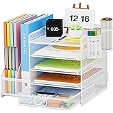 Lavatino Desk Organizer with File Holder, 5-Tier Paper Letter Tray Organizer with Sliding Drawer and 2 Pen Holder, Mesh Desktop File Organizer for Office Supplies, White