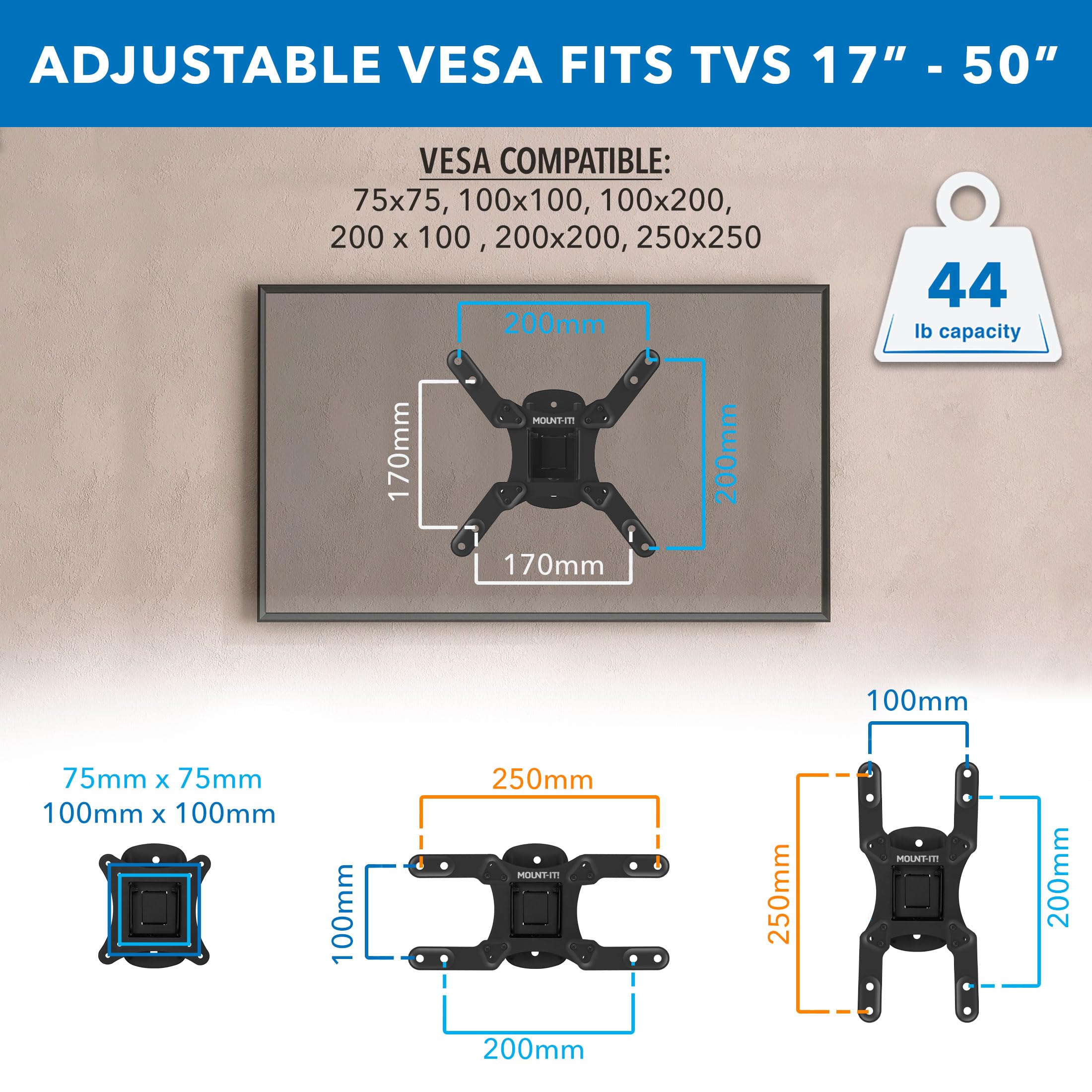 Mount-It! TV Wall Mount for Small to Mid Size TVs, Fits 32 to 50 Inch Screens, 75 100 200 mm VESA Compatible, Low-Profile Slim Design with Tilting and Swivel Motion, 44lb Capacity