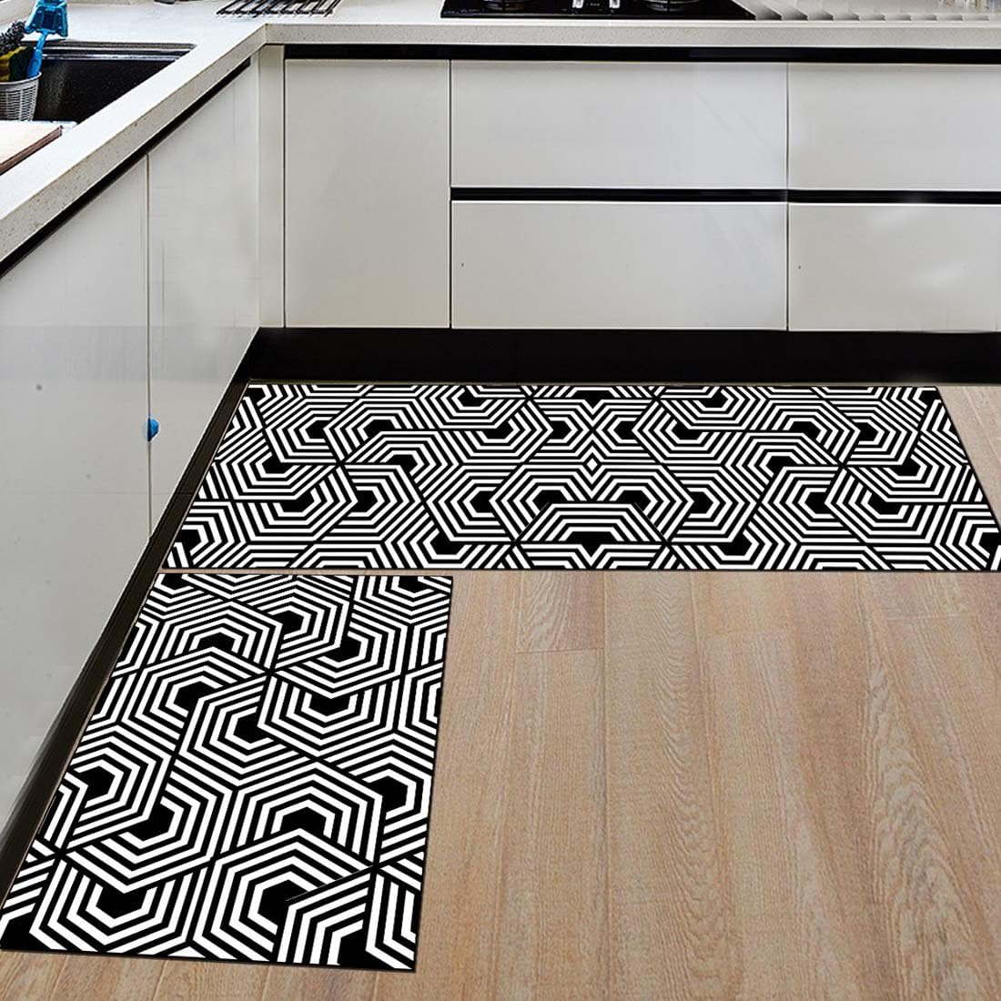 Amazon Com Kitchen Mats And Rugs Set Black And White Hexagon