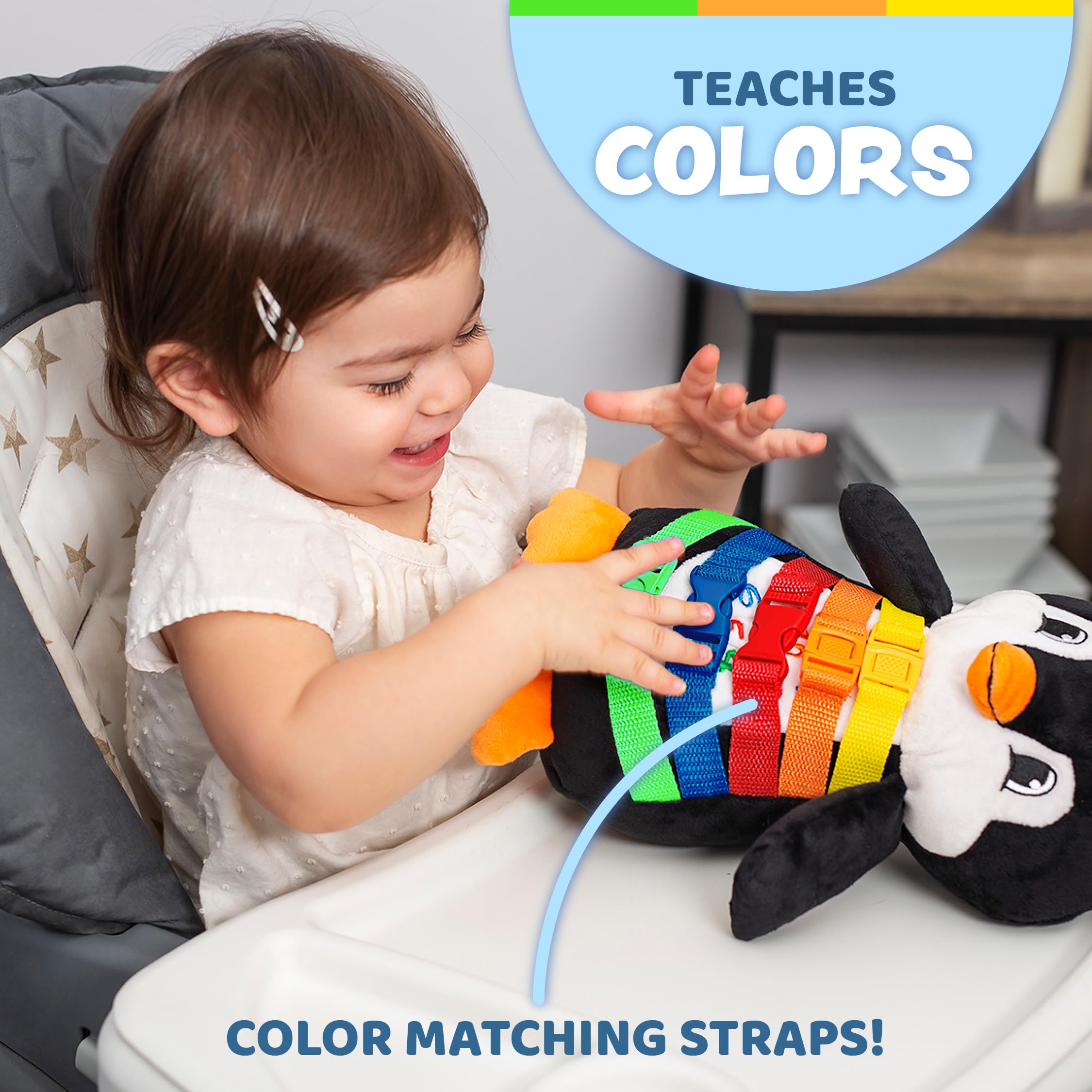 Buckle Toys Blizzard Penguin Plush Montessori Toys for Toddlers 1-3 Animal Sensory Toy to Develop Fine Motor Skills and Learn Shapes and Colors, Travel Essentials for Kids, Includes Storage Pocket