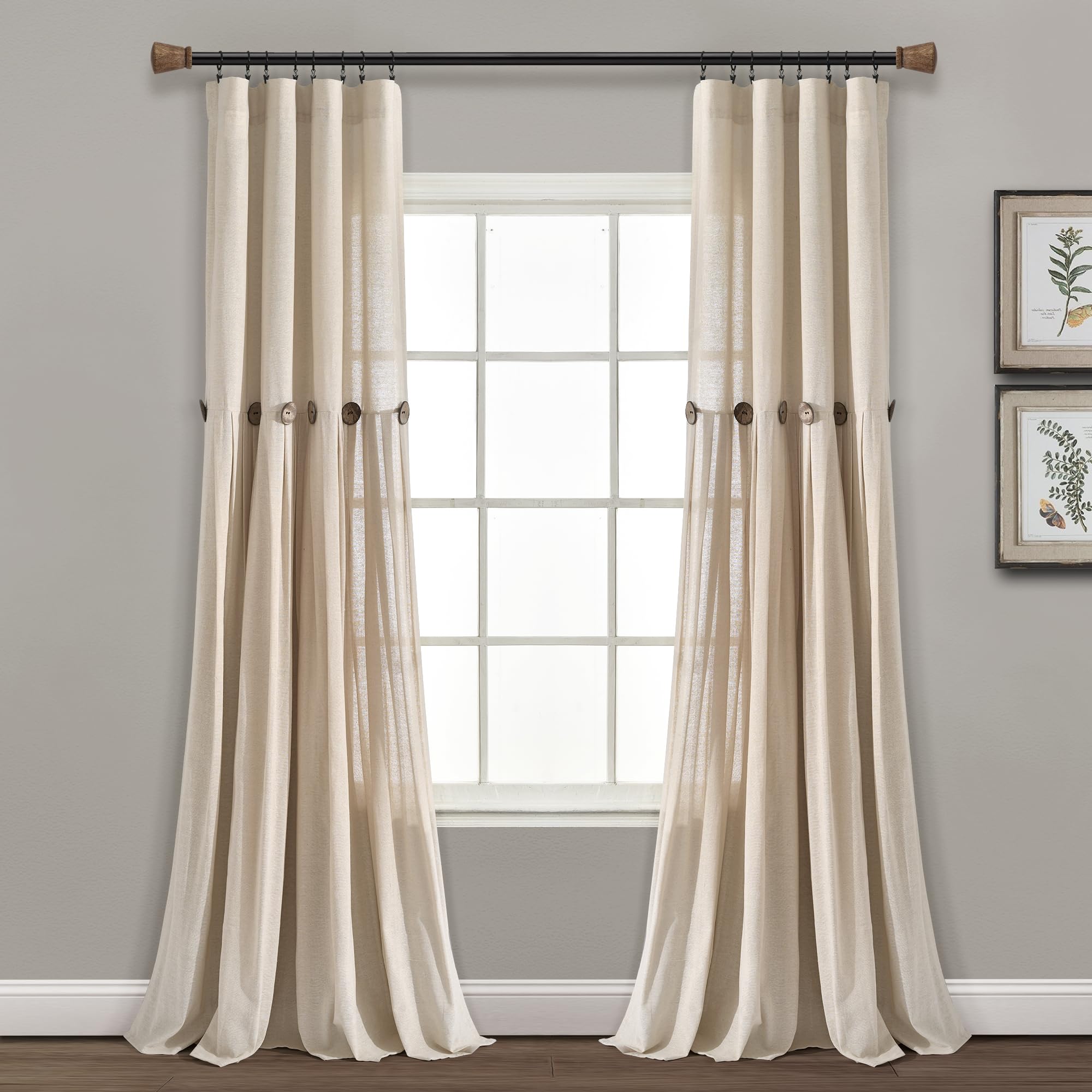 Lush Decor Linen Button Window Curtain Panel, Single, 40" W x 95" L, Dark Linen - Country Curtains - Rustic Decor - Color Block Modern Farmhouse Curtains For Living Room, Bedroom & Dining Room