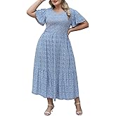 Nemidor Plus Size Womens Casual Maxi Dress Summer Ruffle Sleeve Ditsy Floral Print Boho Long Dresses with Pocket 16-26
