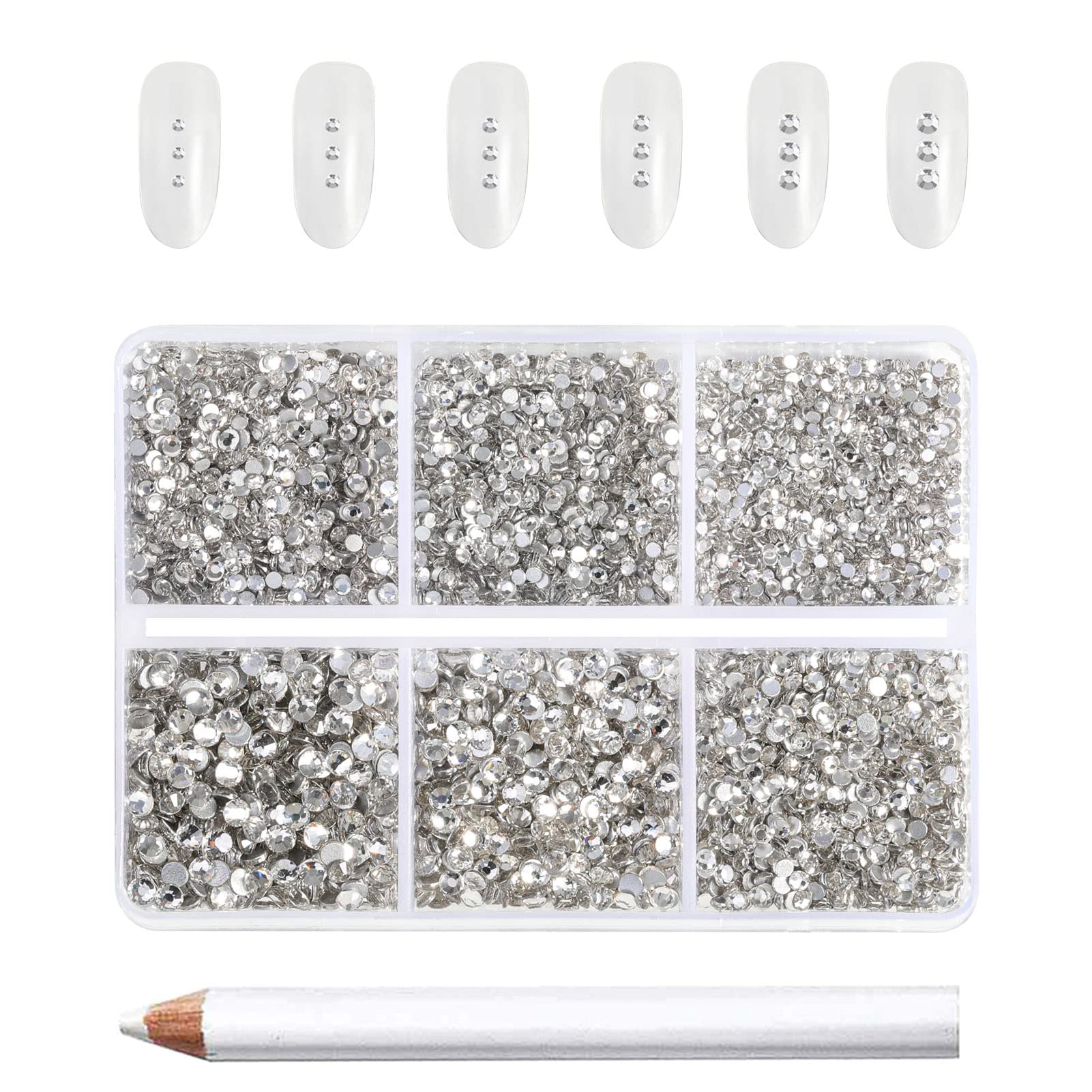 Beadsland 7200 Pcs Flatback Rhinestones for Nails,Clear Round Small Crystal Glass Rhinestones Gems for Crafts,Mixed 6 Sizes with Wax Pencil Kit,SS3-SS10,Crystal