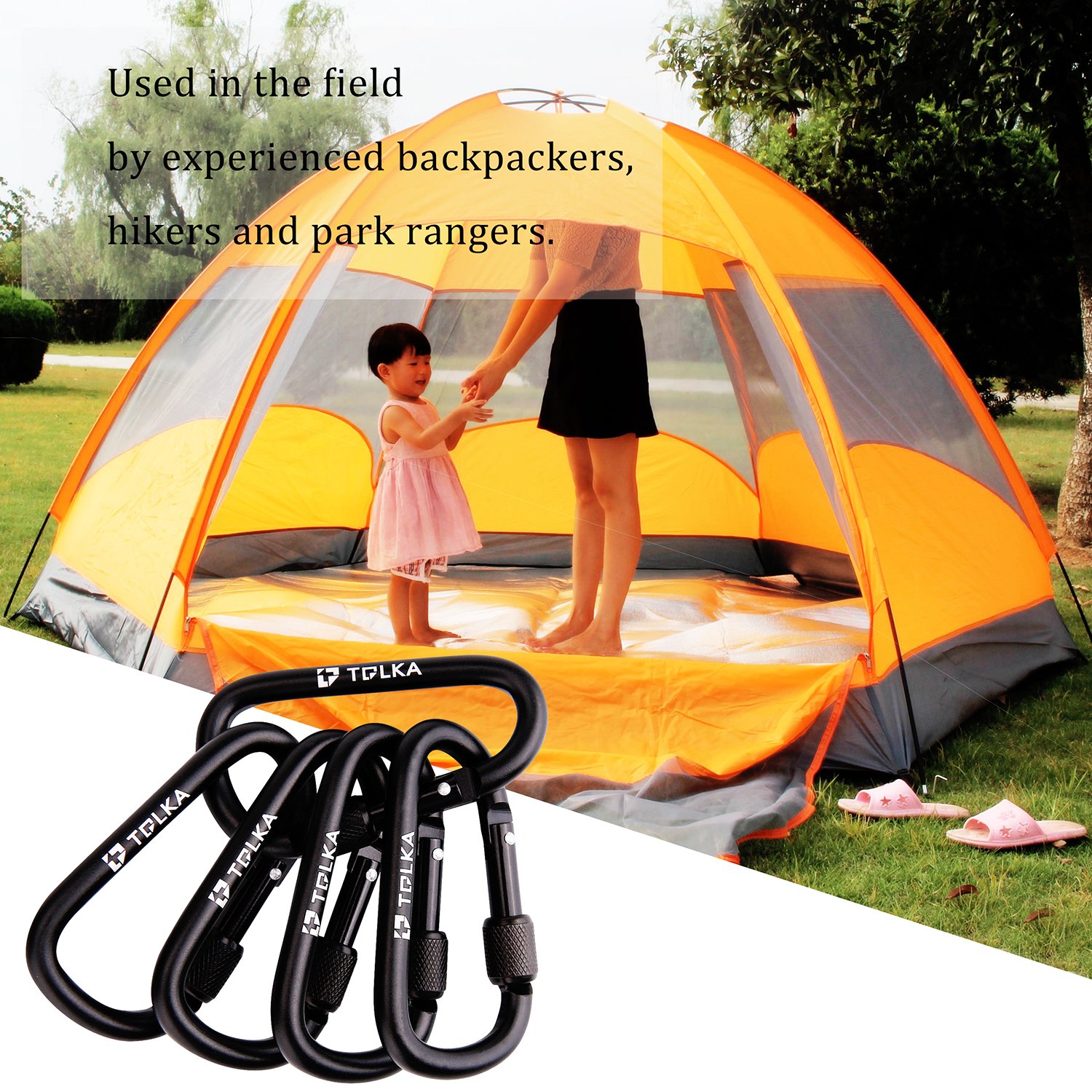 TOLKA Screw Lock Super Lightweight Carabiner Keychain Carabiner Clip D Ring Locking Carabiners 10 Piece for Outdoor Clipping, Camping, Hiking, Fishing (Black)