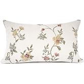 YOUR SMILE Classical Embroidery Jacquard Farmhouse Oblong Rectangle Chenille Beige Floral Pattern Decorative Throw Pillow Case,12x20 inch