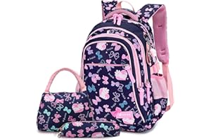 3PCS School Backpack for Girls, Kids Bookbags Set Primary Girls Students (Daypack + Lunch Bag + Pencil Case) (Navy Blue)