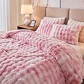 Twin Faux Rabbit Fur Comforter Set - 3 Pieces Fluffy Bedding Set Ultra Soft Warm Shaggy Plush Winter Flannel Bedding Set for Girls Women, Skin Friendly Sherpa Comforter Bed Set & 2 Pillow Shams Pink