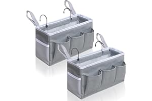 Kanrichu 2pcs Bedside Caddy Storage Organizer, Hanging Bag Holder with Pockets for Bedroom, Loft Bed Tent, Bed Curtain, Top Bunk bed Shelf Accessories (Gray)