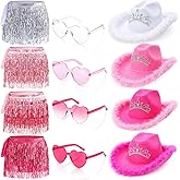 Chicingyou 12 Pcs Pink Cowgirl Hat with Heart Glasses Sequin Tassel Skirts Feather Cowgirl Hat for Women Cowboy Party Costume