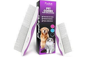 POODLIE Poodle Pet Dog Combs for Grooming | 2 Pack | Stainless Steel Teeth Easily Remove Dirt | Proper Care Prevents Knots and Mats for Long and Short Haired Pets | Anti-Slip Comfort Grip Handle (Purple)