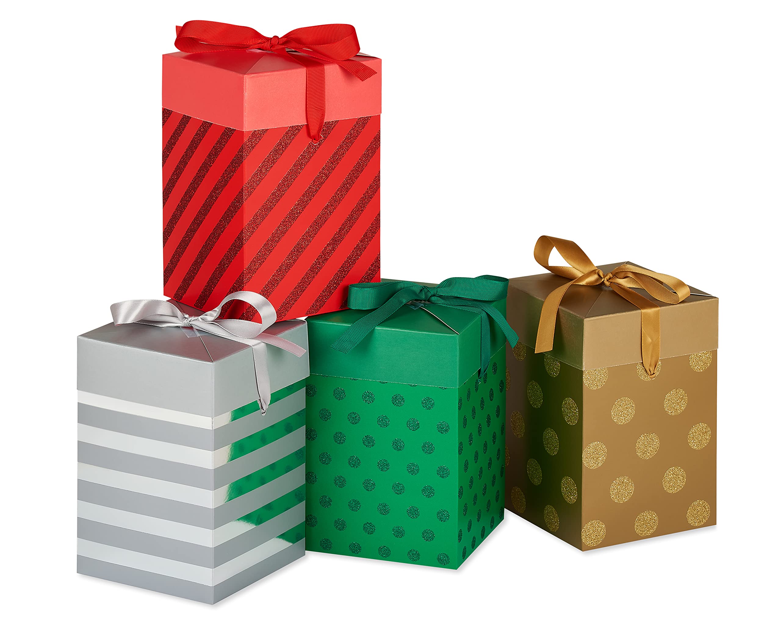 American Greetings Push Down Gift Boxes, Red, Green, Silver, and Gold (4 Boxes)