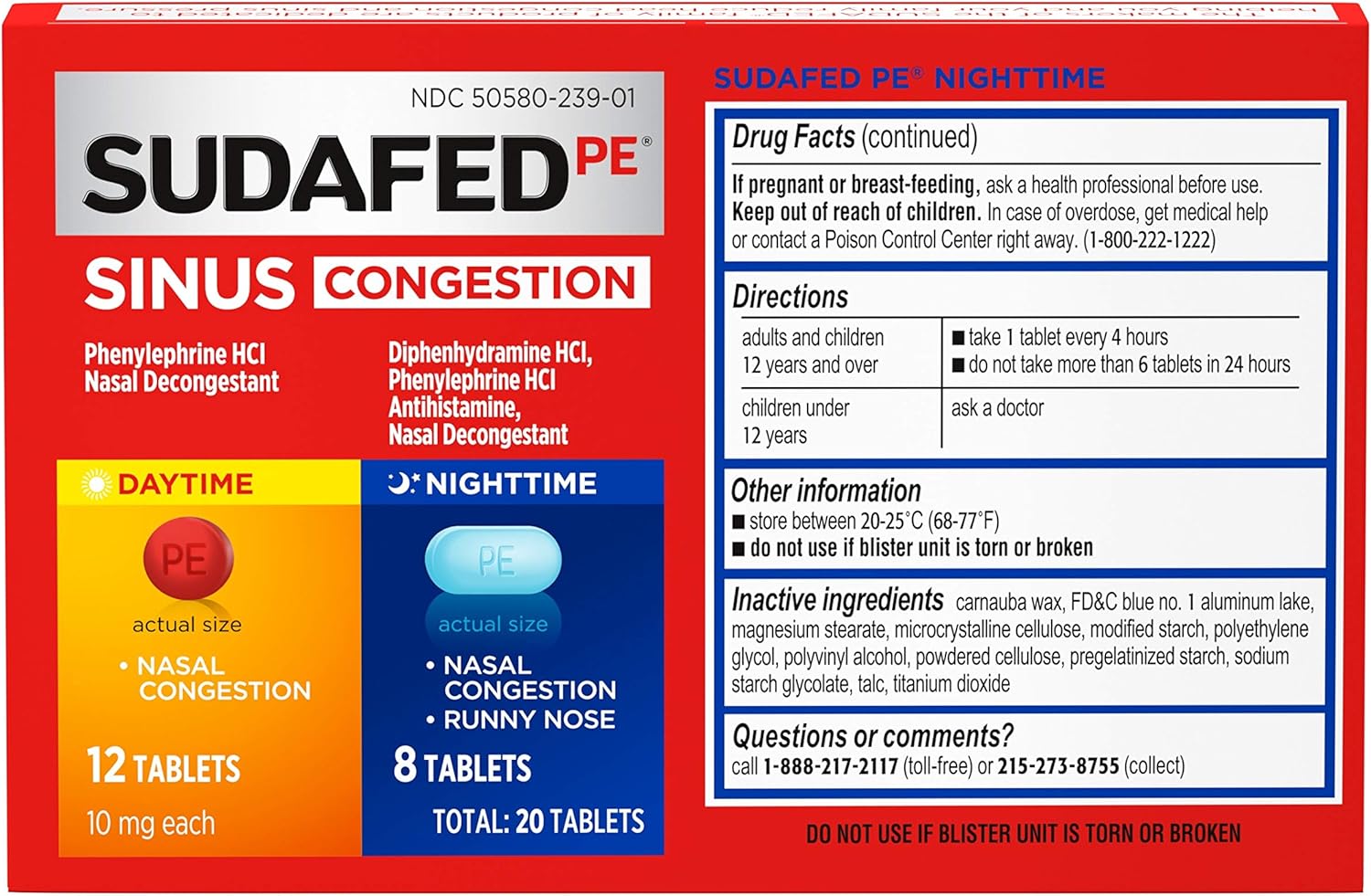 Sudafed PE Sinus Congestion Day + Night Maximum Strength Decongestant Tablets, 20 ct: Health & Personal Care