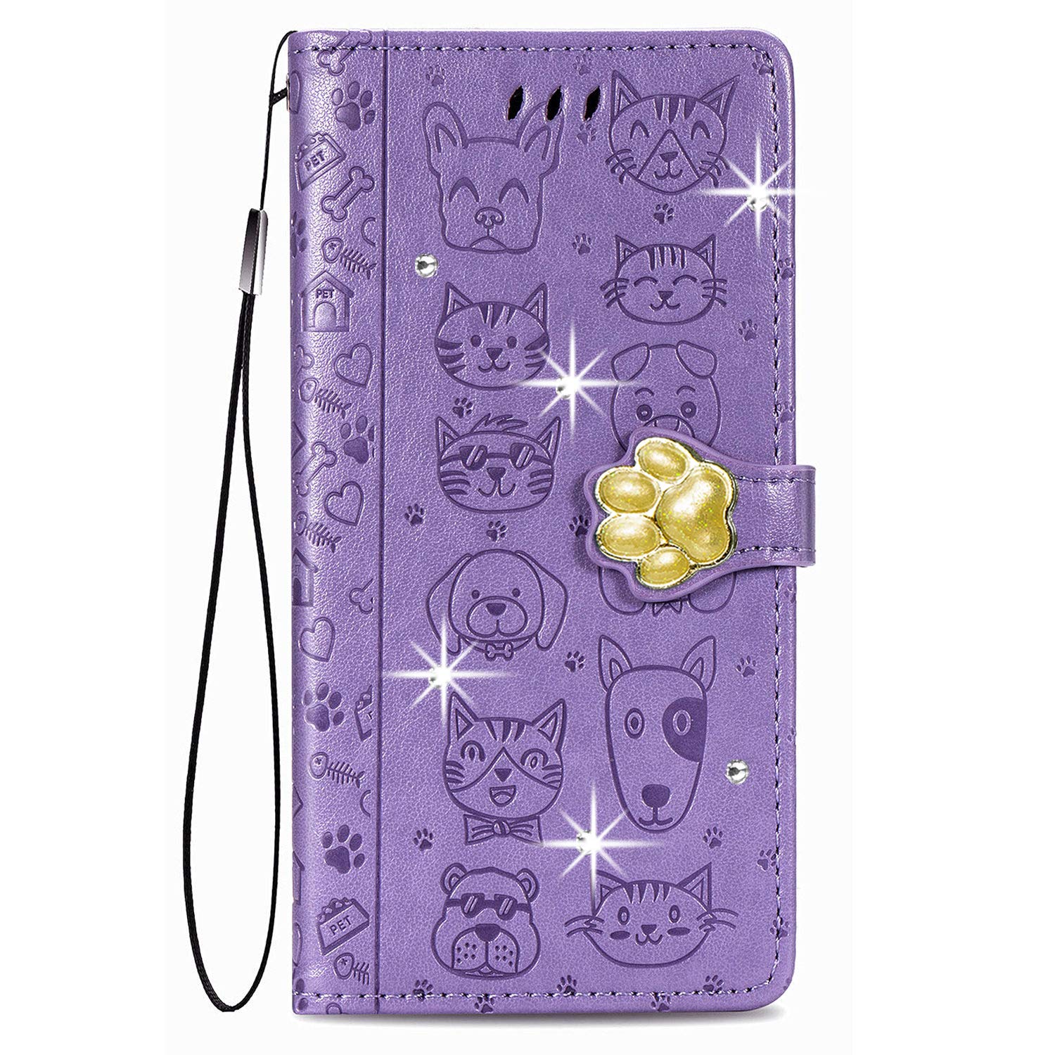 Samsung Galaxy A21S Phone Case, Glitter Diamonds 3D Animals Cats Dogs Flip Case for Samsung A21S Shockproof PU Leather Wallet Protective Cover with Magnetic Card Holder Folio TPU Bumper, Purple