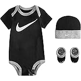 Nike Baby Hat, Bodysuit and Booties 3-Piece Gift Box Set, Black Swoosh, 0/6M