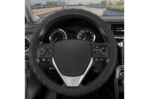 BDK Genuine Black Leather Steering Wheel Cover for Car, Large 15.5-16 inch – Ergonomic Comfort Grip for Men & Women, Car Steering Wheel Cover for Vehicles with Large Steering Wheels