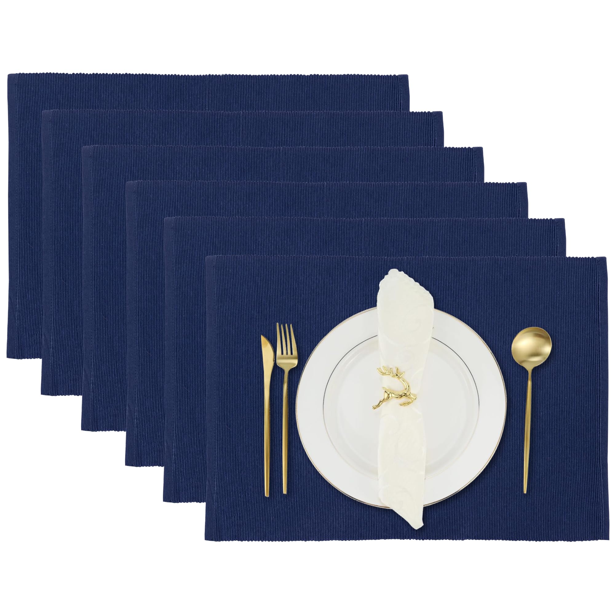 Blue Depths Dining Place Mats Set of 6-48 x 33 cm Fine Ribbed Cotton Kitchen Dinner Table Placemat for Home Kitchen Cafe Restaurant — image 1