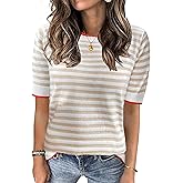 Zeagoo Womens Summer Tops Casual Short Sleeve Striped Sweater Shirt Crewneck Color Block Knit Blouses