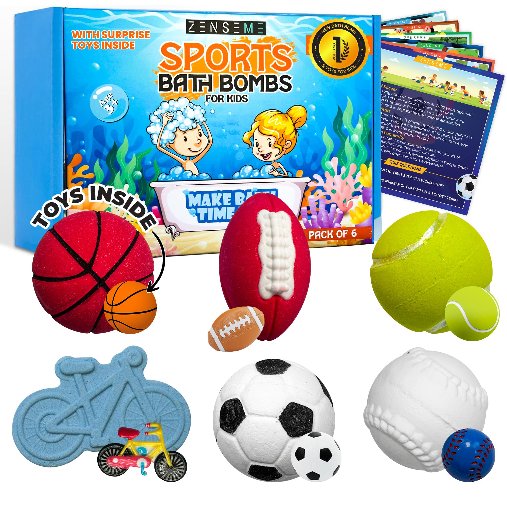 Photo 1 of Bath Bombs with Toys Inside W/Educational Flash Cards - Bath Bombs for Kids - 2.5 oz Gift Set of 6 Scented Organic Handmade with Natural Essential Oils - Sports Surprise Inside by Zenseme