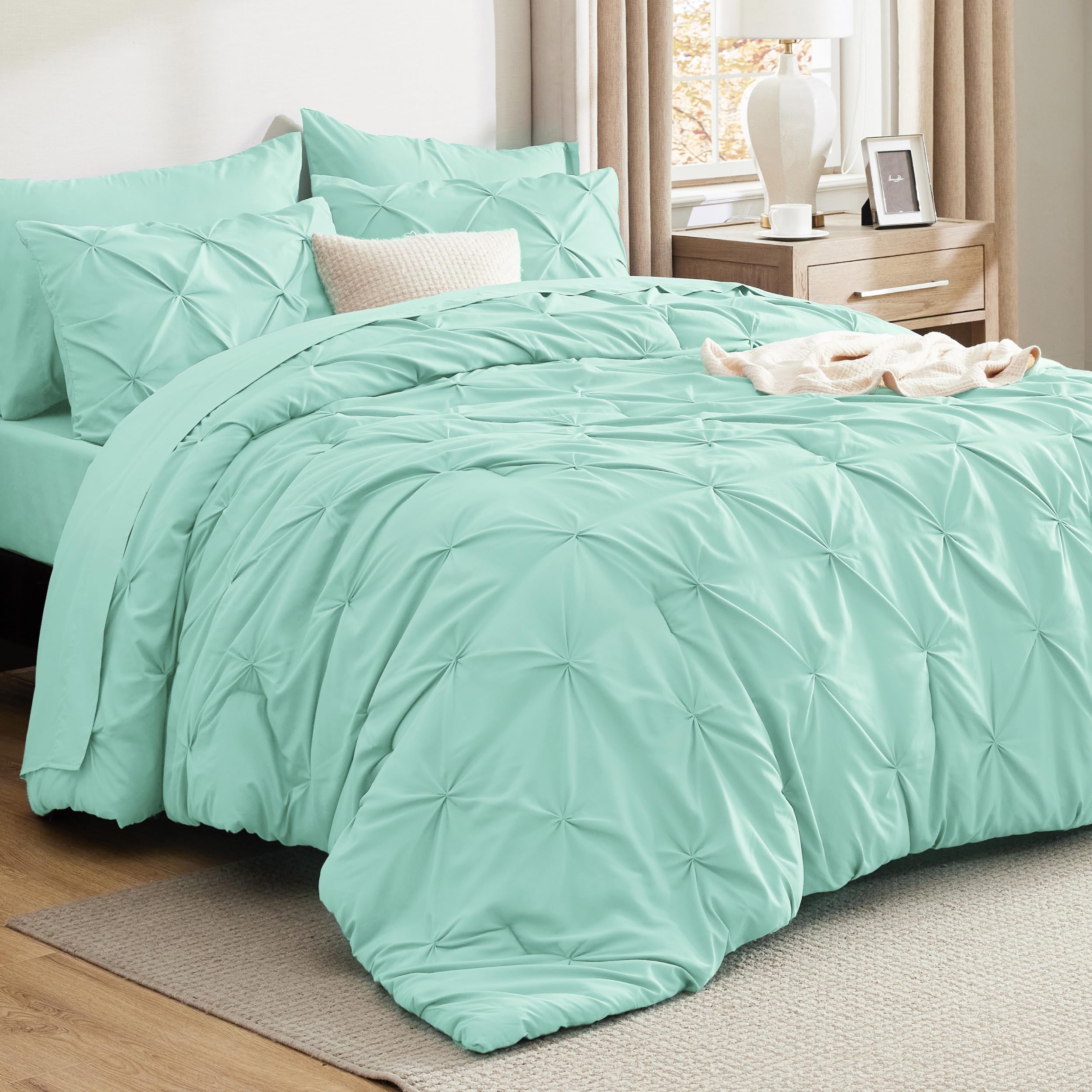 Photo 1 of Bedsure California King Comforter Set Mint Green - Bed in a Bag California King 7 Pieces, GentleSoft™ Pintuck Bed Set Gift for Family, Pinch Pleat Mint Green Comforter with Sheets, Pillowcases & Shams