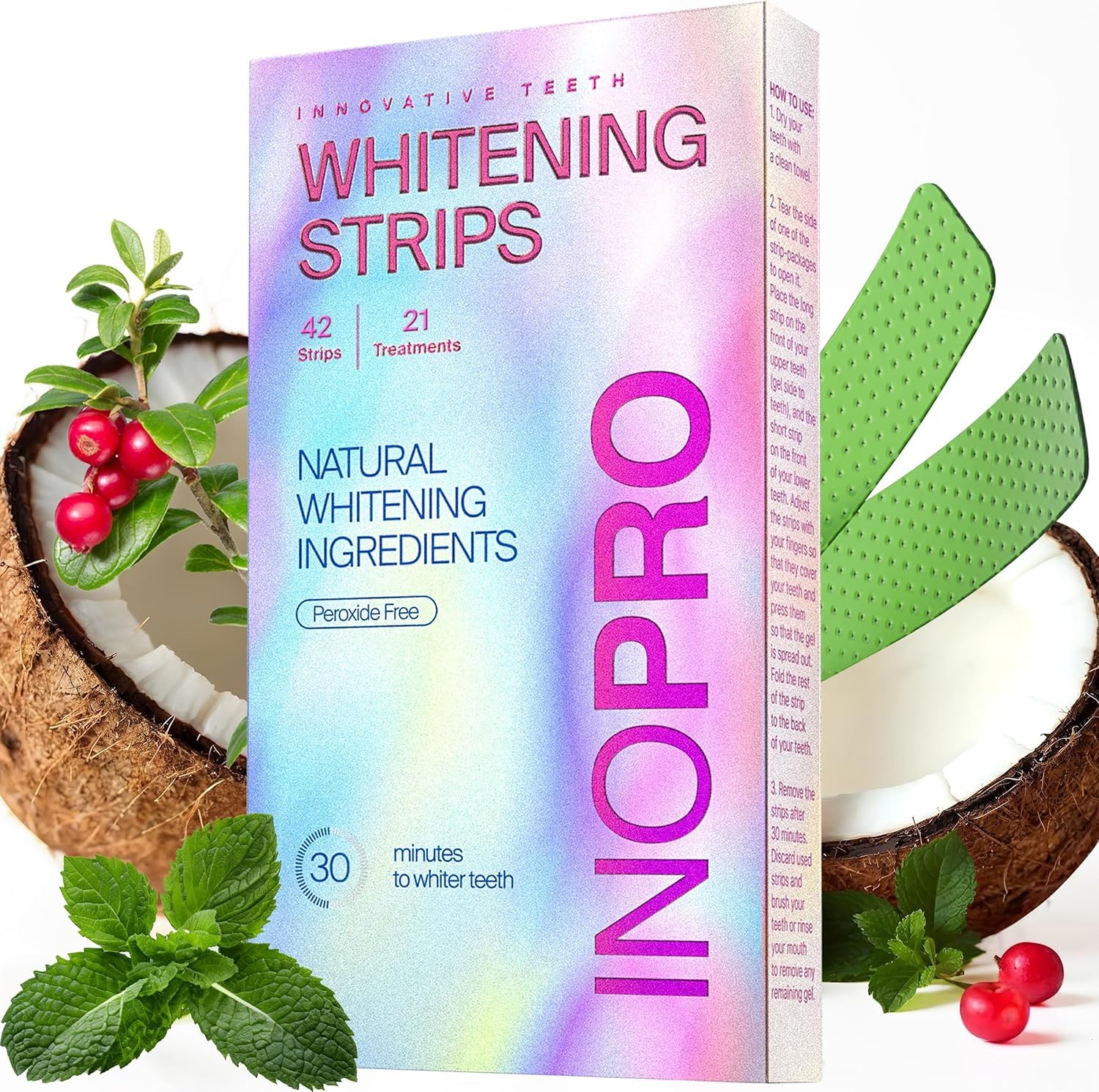 Teeth Whitening Strips 21 Treatments Kit - Teeth Whitener, Peroxide Free, Enamel Safe Green Whitestrips, Deep Stains Removal - Instant Teeth Whitening Without The Harm (42 Strips)