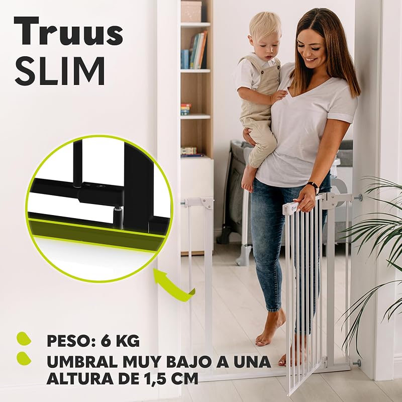 Truus Slim - Rejilla de protección para escaleras, sin taladrar, Rejilla Protectora para Puerta, Rejilla para Puerta para bebé, Metal, Ancho de 75 a 105 cm, Ajustable