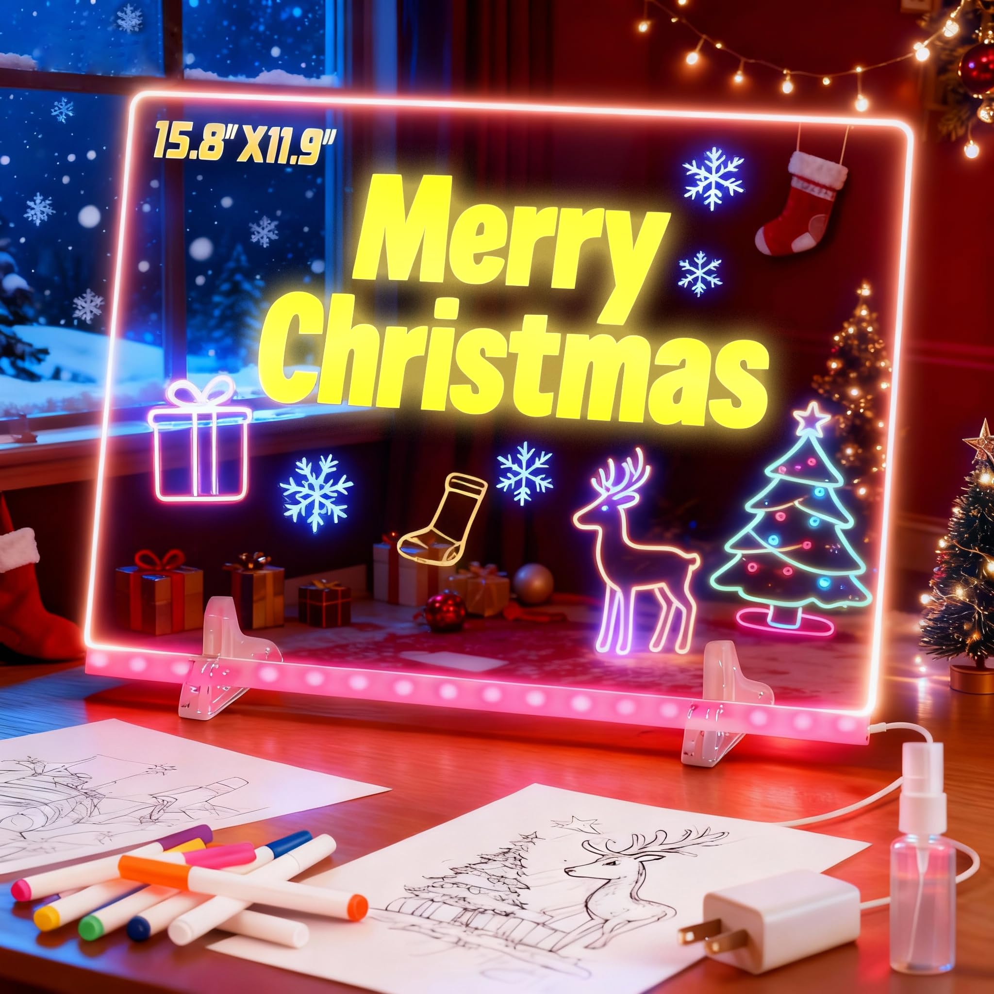 Photo 1 of 15.8"X11.9" LumiBoard LED Drawing Board for Kids, Glow Board for Kids, Light Up Acrylic Dry Erase Led Note Board with Colors,Doodle Glow Board with Stand, Christmas & Birthday Gifts for Girls Boys