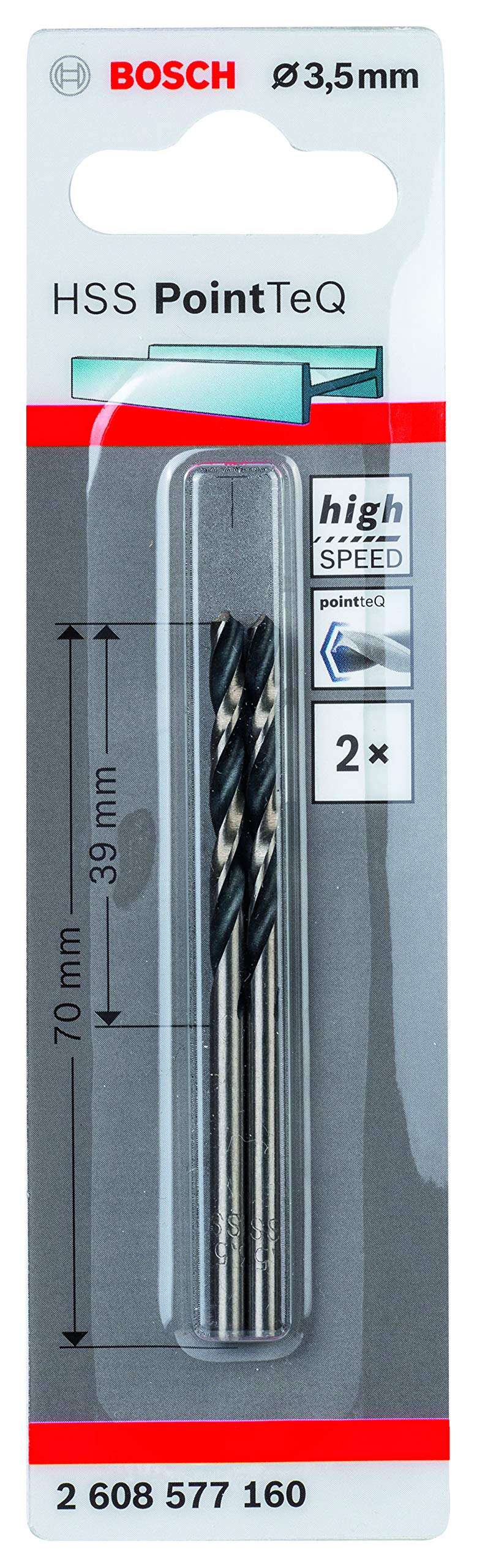 Bosch Professional PointTeQ 2608577160 HSS Spiral Drill Bit (for Metal, 3.5 x 39 x 70 mm, Accessories Drill Screwdriver), dia 3.5 mm