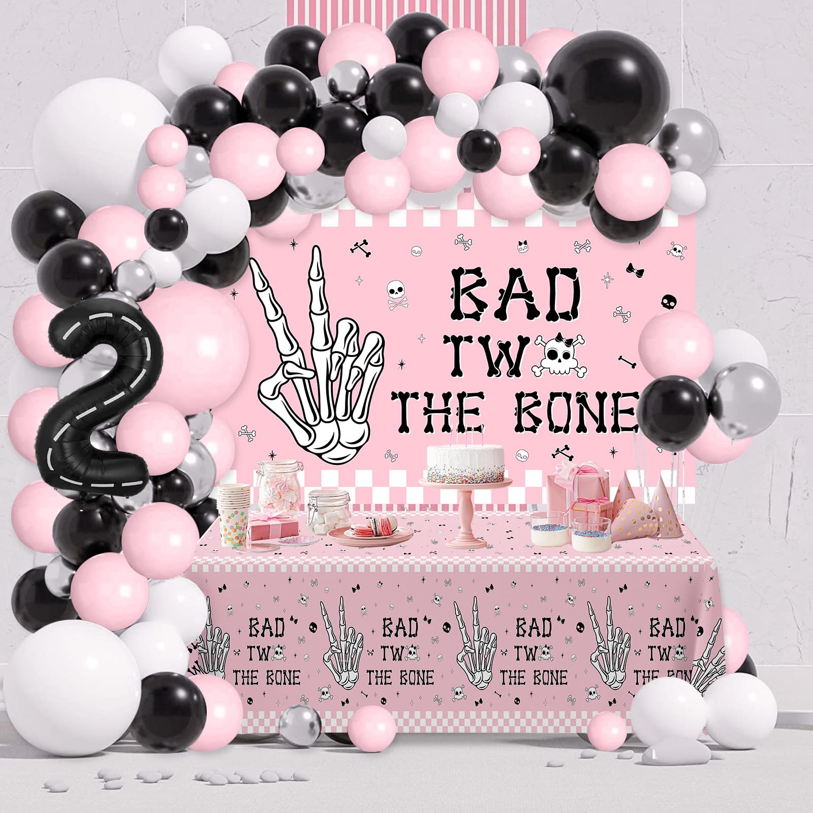 Photo 1 of AIBIIN 2nd Birthday Decorations for Girl Bad 2nd the Bone Party Decorations with Backdrop Balloon Tablecloth Rock And Roll Bone Theme 2 Year Old Birthday Pink Decorations Party Supplies