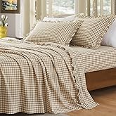 KKJIAF 4 Pieces Plaid Ruffle Full Size Bed Sheets, Cotton Gingham Full Size Sheet Set Linen Feel Comfy Breathable Ruffed Bed Sheet Set with 16 Inch Deep Pocket, Taupe