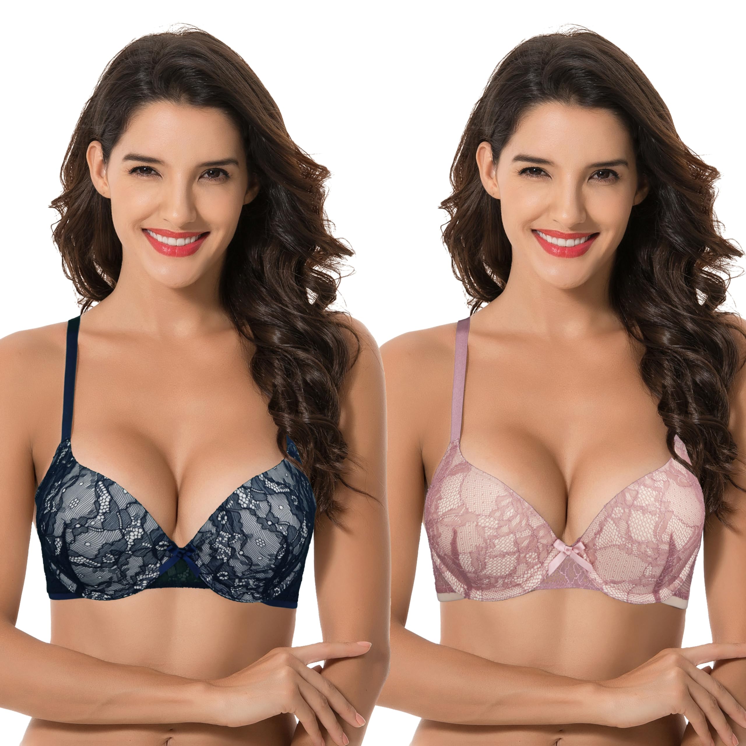Photo 1 of Curve Muse Women's Plus Size Perfect Shape Add 1 Cup Push Up Underwire Lace Bras-2Pk-Red,Dark Blue-44B